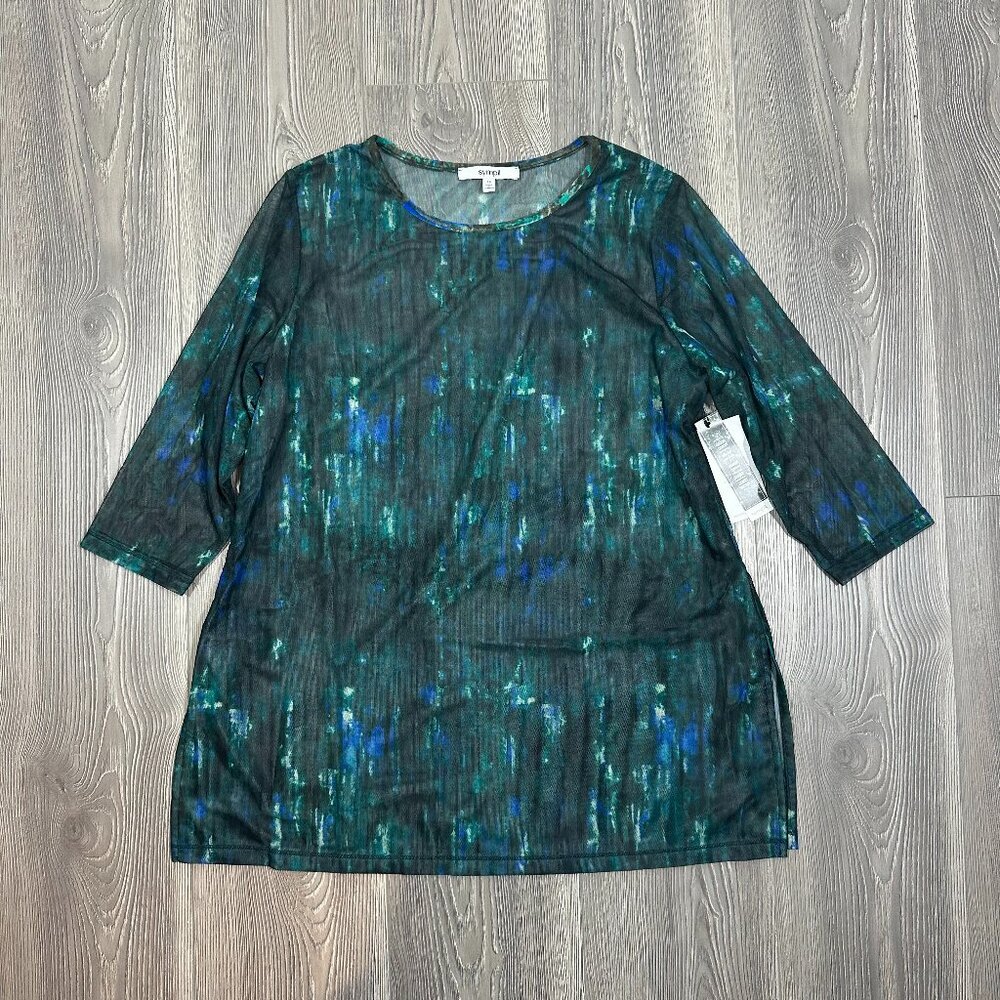 Sympli Nu Ideal Digital Camo Tunic Top Green Blue Mesh Long Sleeve Womens 10 NWT